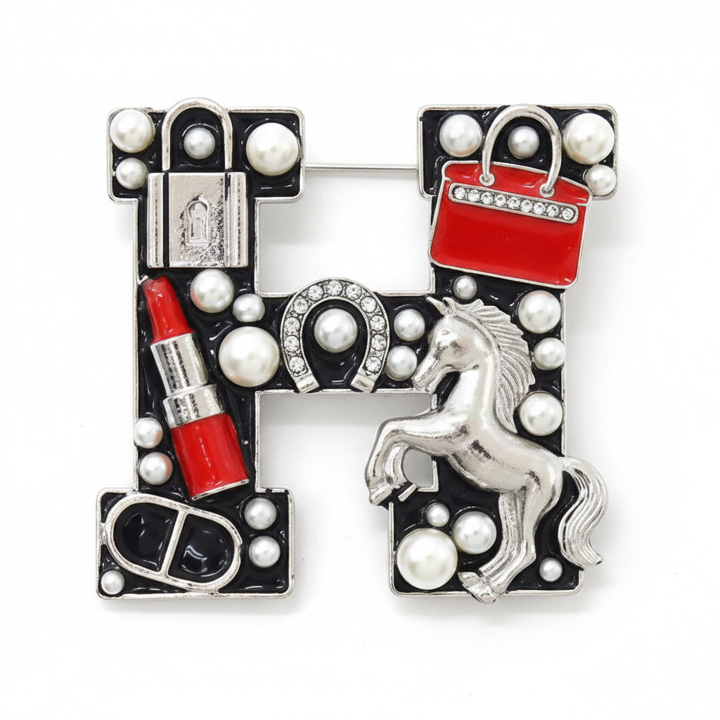 Fashion H Brooch, Silver/Black