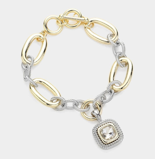 Clear Square Charm Two Tone Toggle Bracelet
