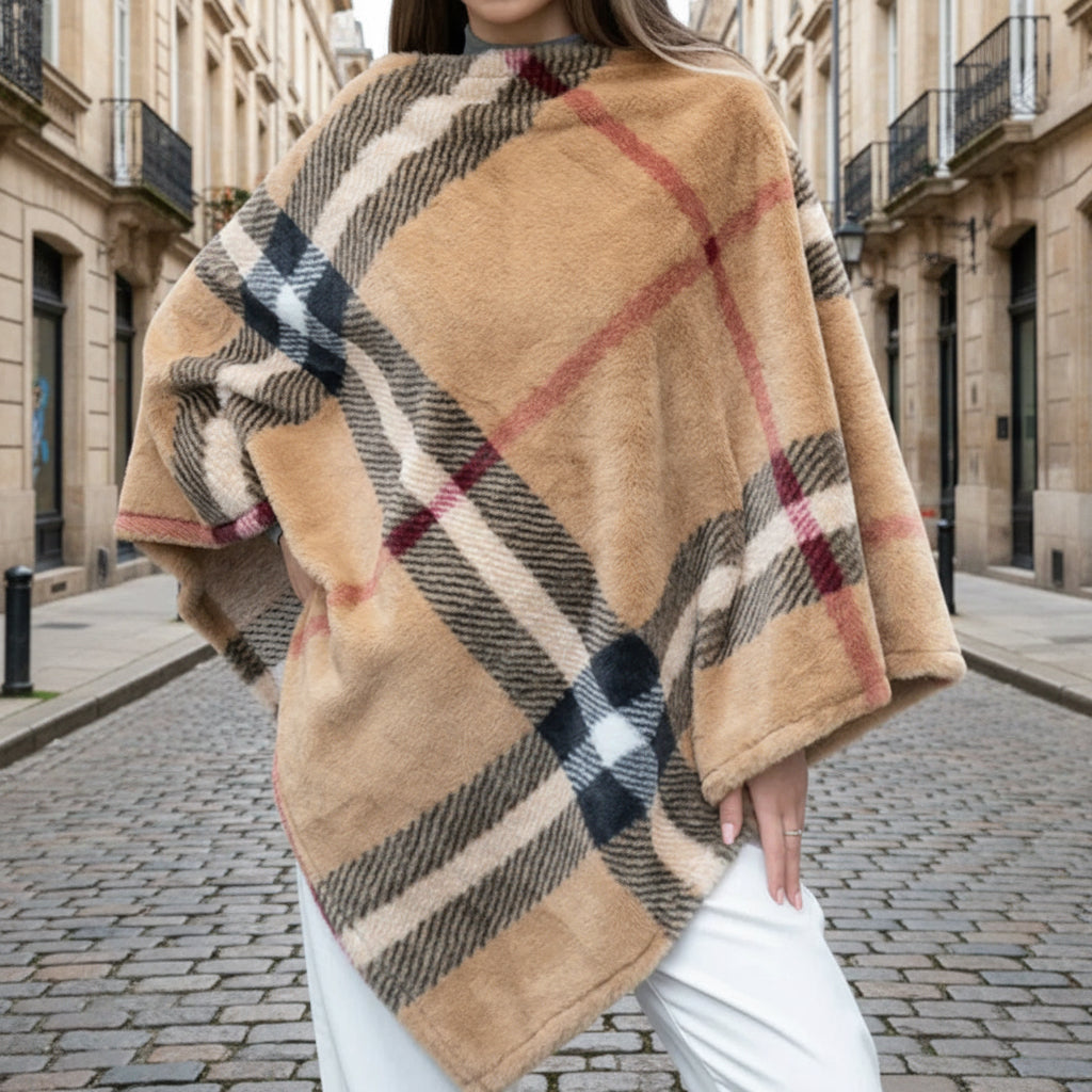 Plaid Faux Fur Poncho