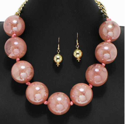 Chunky Glass Ball Bead Necklace, Gold/Pink