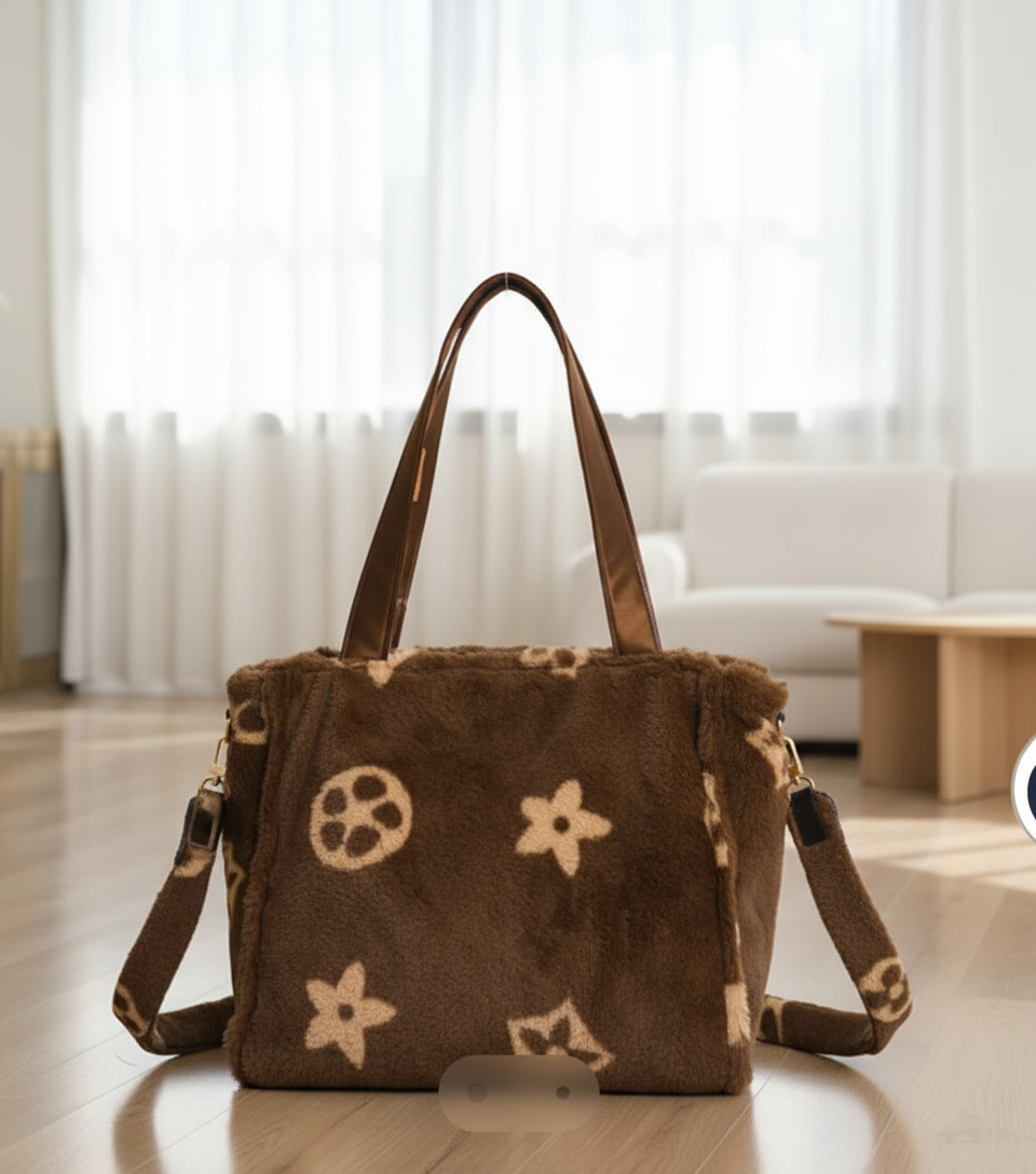 FAUX FUR TOTE BAG, BROWN
