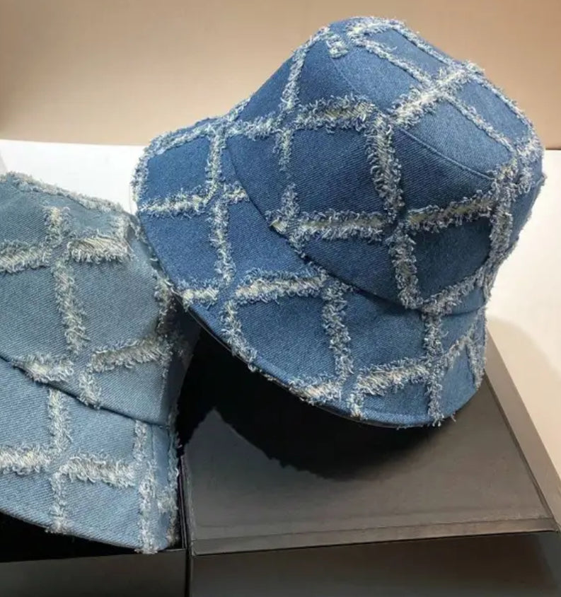 Denim Bucket Hat with Checker Pattern Style