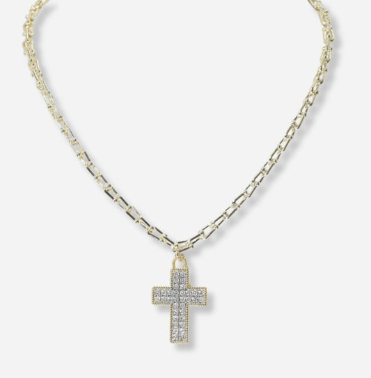 Two Tone/Clear, Designer Inspired Pave Cubic Zirconia Cross Pendant Necklace