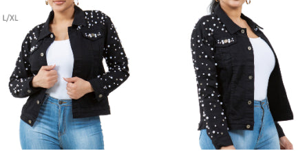 Black Denim Jacket with Studded Pearl and Bling Crystal Size L/XL