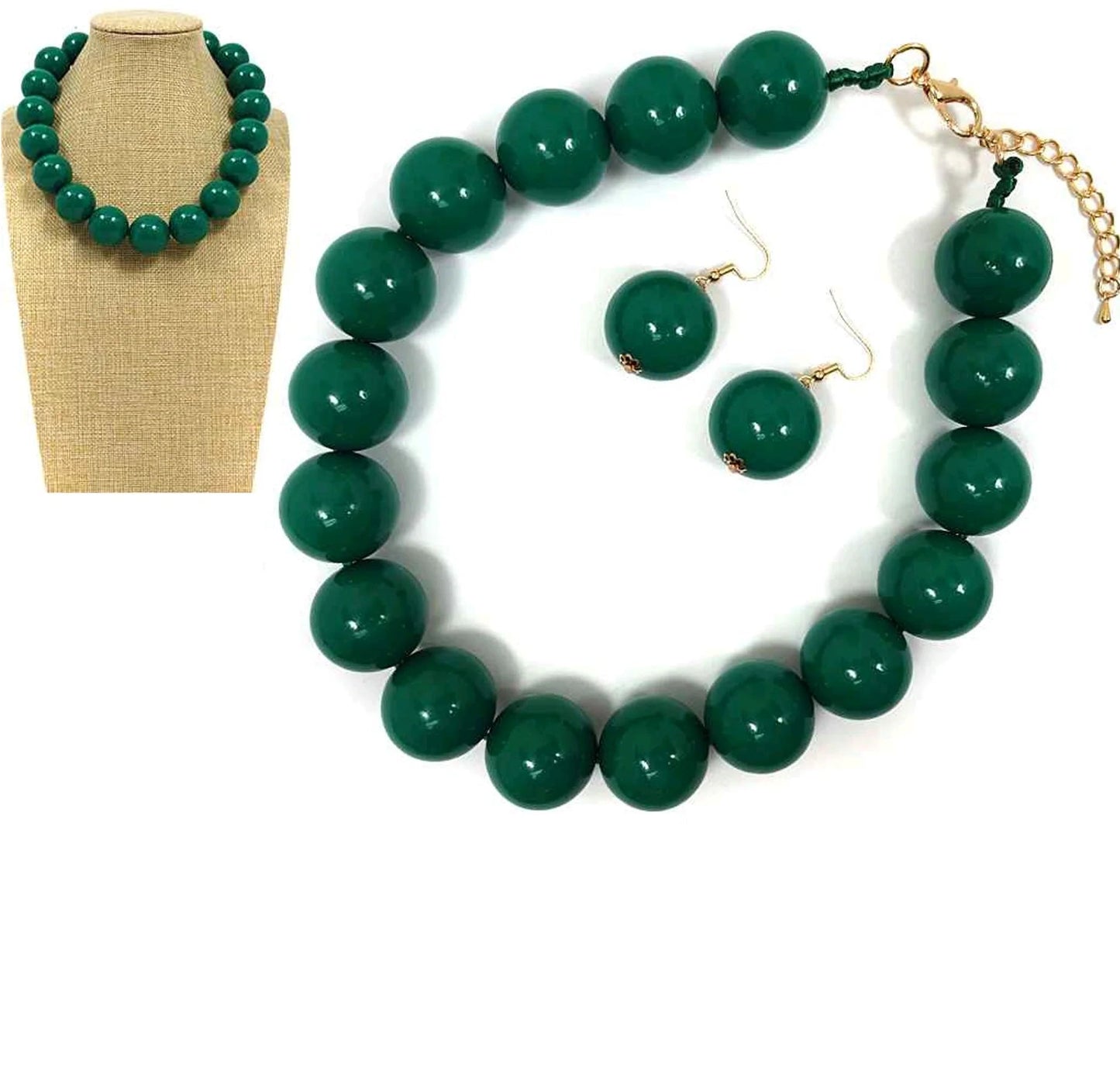 Large Ball Beaded Necklace and Earrings Set, Hunter Green