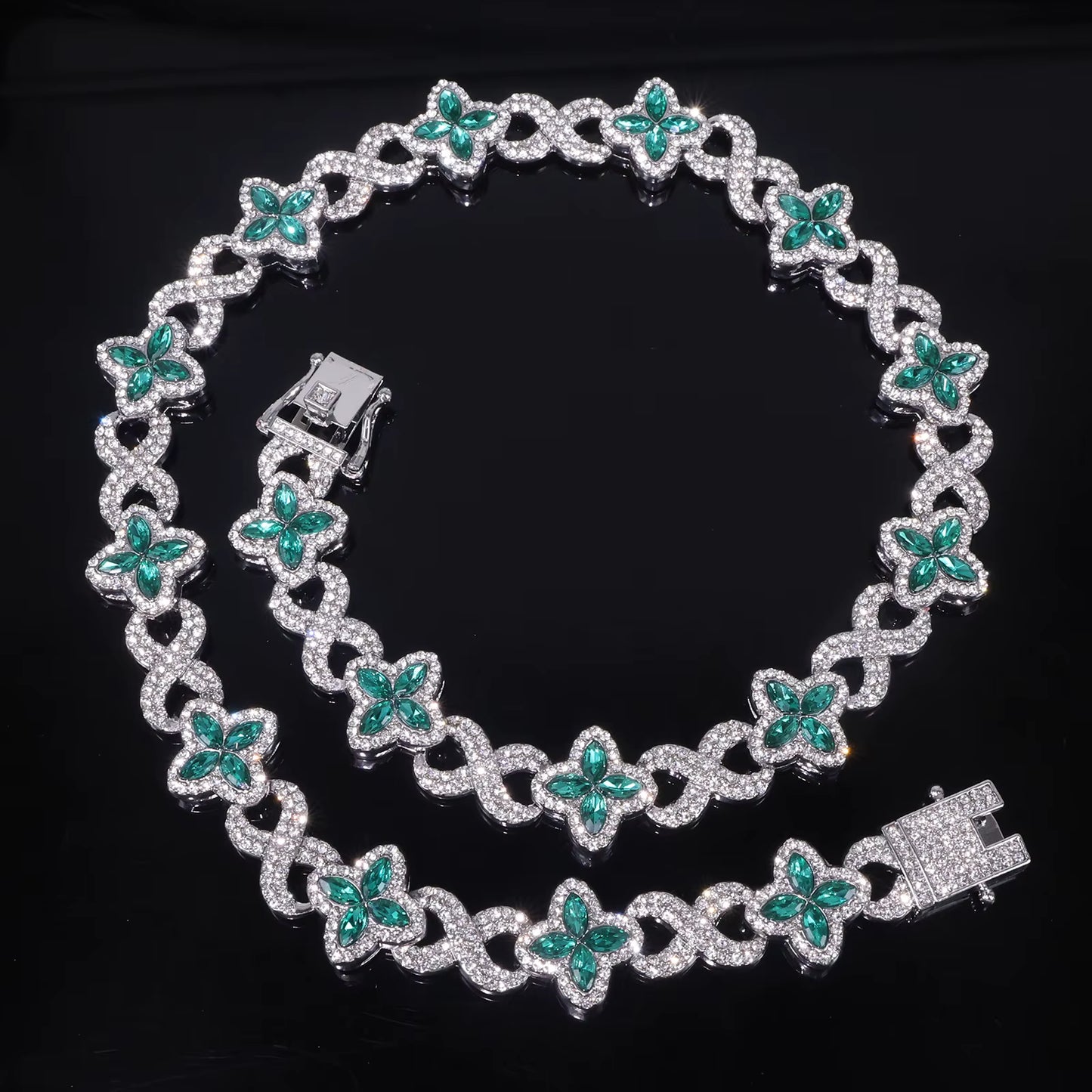 Cuban Chain Four Leaf Clover Charm Necklace and Bracelet Set