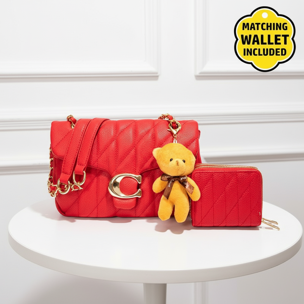 Fashion Handbag with Purse Charm, Red