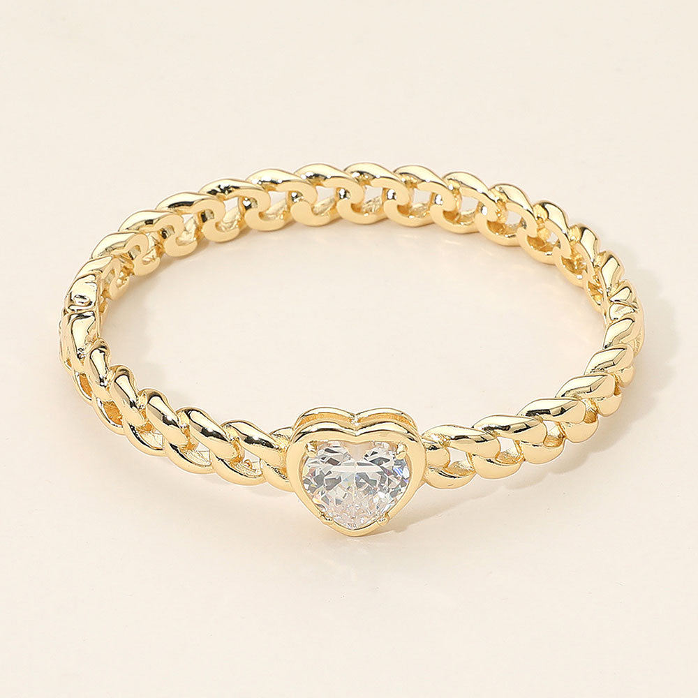 CZ Stone Heart Chain-Link Bangle Bracelet