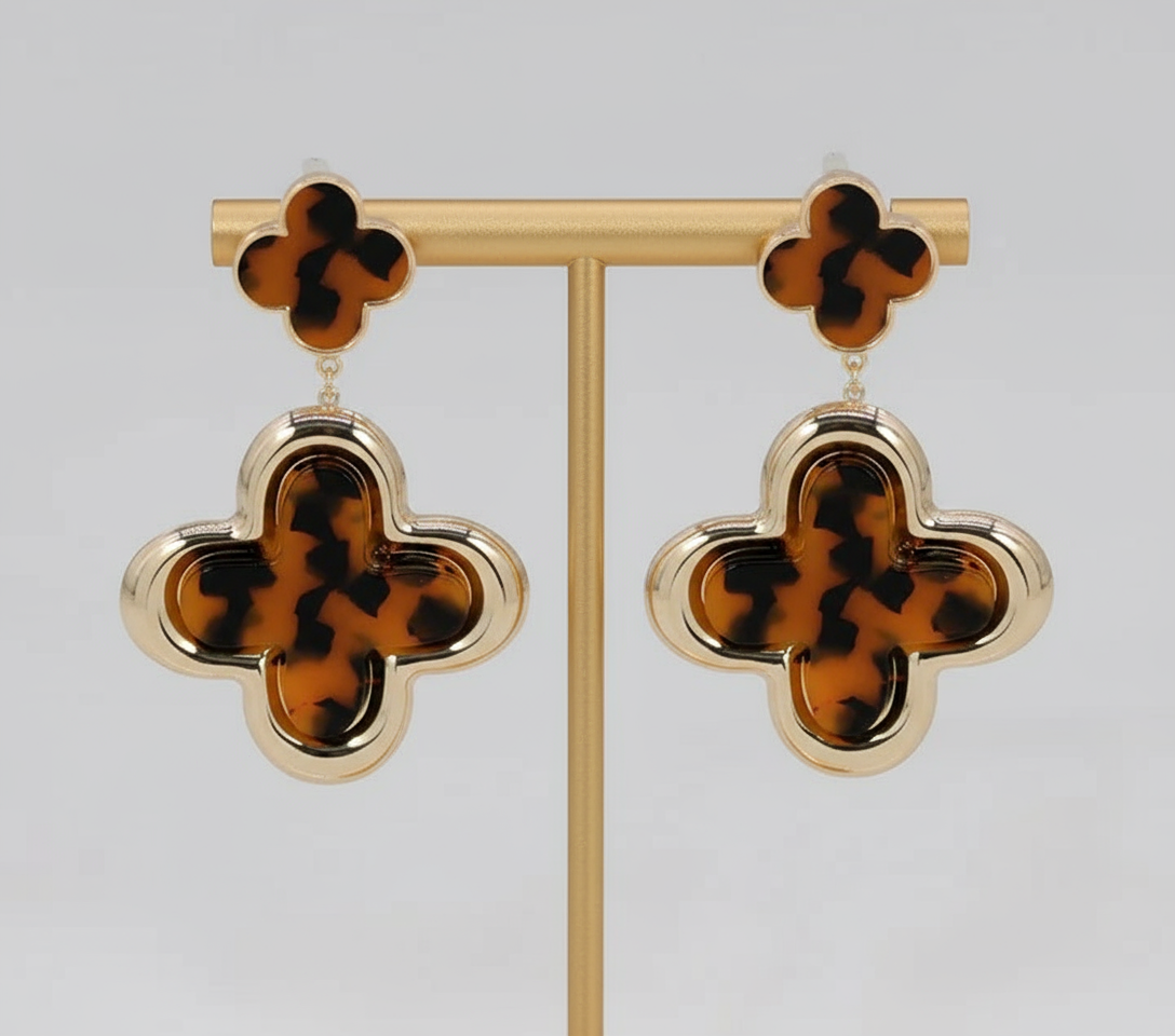 Double Clover Dangle Earrings, Tort