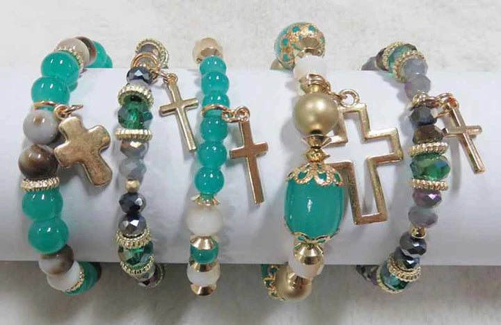 Cross Charm Stretch Bracelet Set, Turquoise