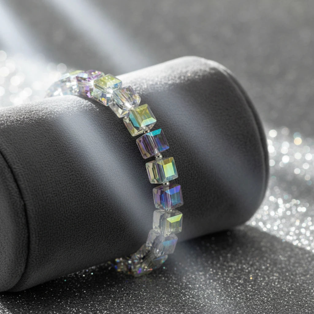 Cube Silver Green AB Gemstone Stretch Bracelet