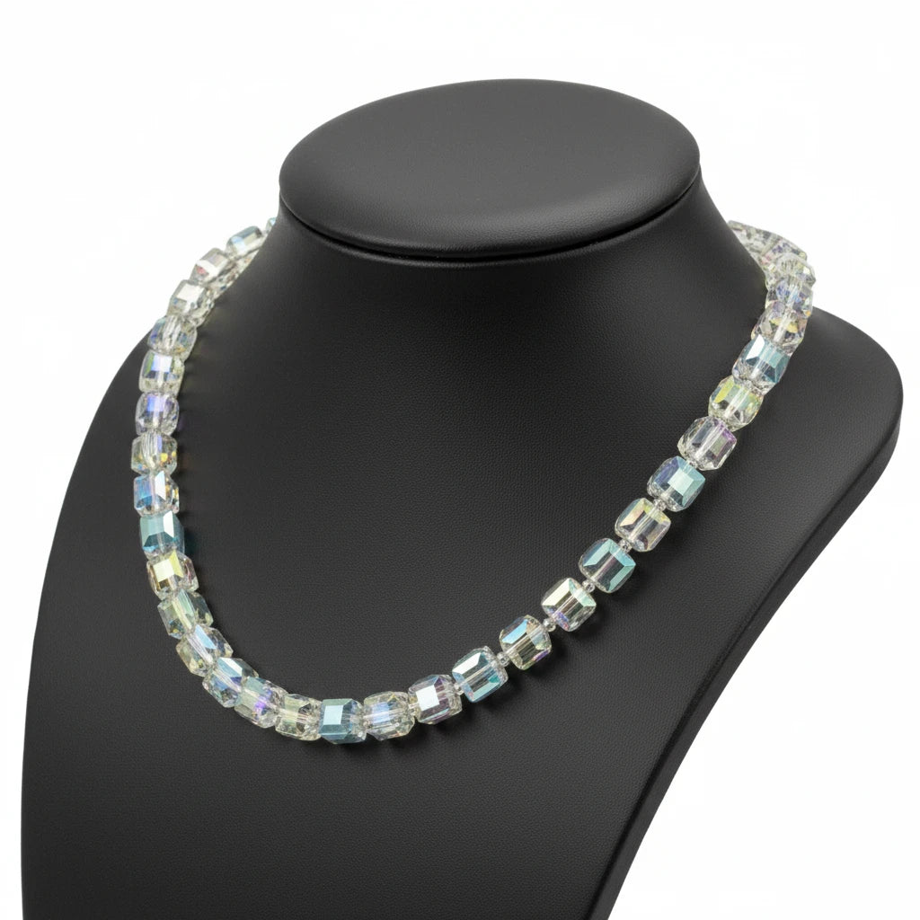 Cube Silver Green Gemstone Stretch Necklace