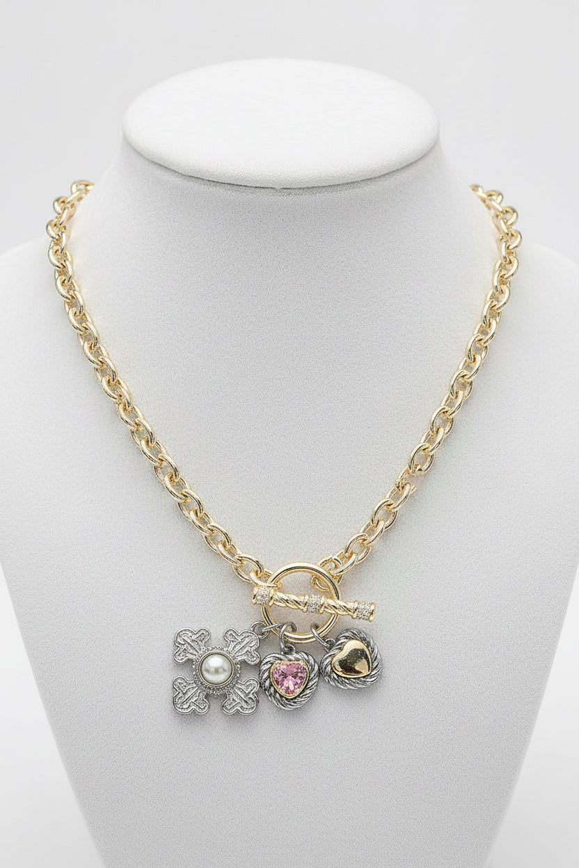 14K Gold Plated Cross Heart Charm Necklace