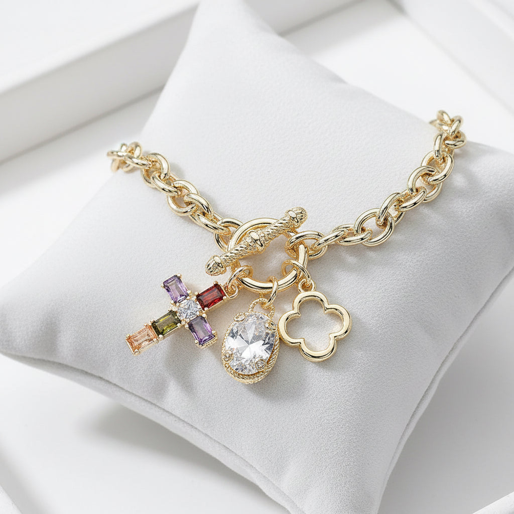14K Gold Plated Cross Stone Clover Charm Toggle Bracelet