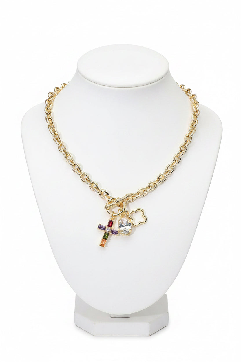 14K Gold Plated Cross Stone Clover Charm Toggle Necklace