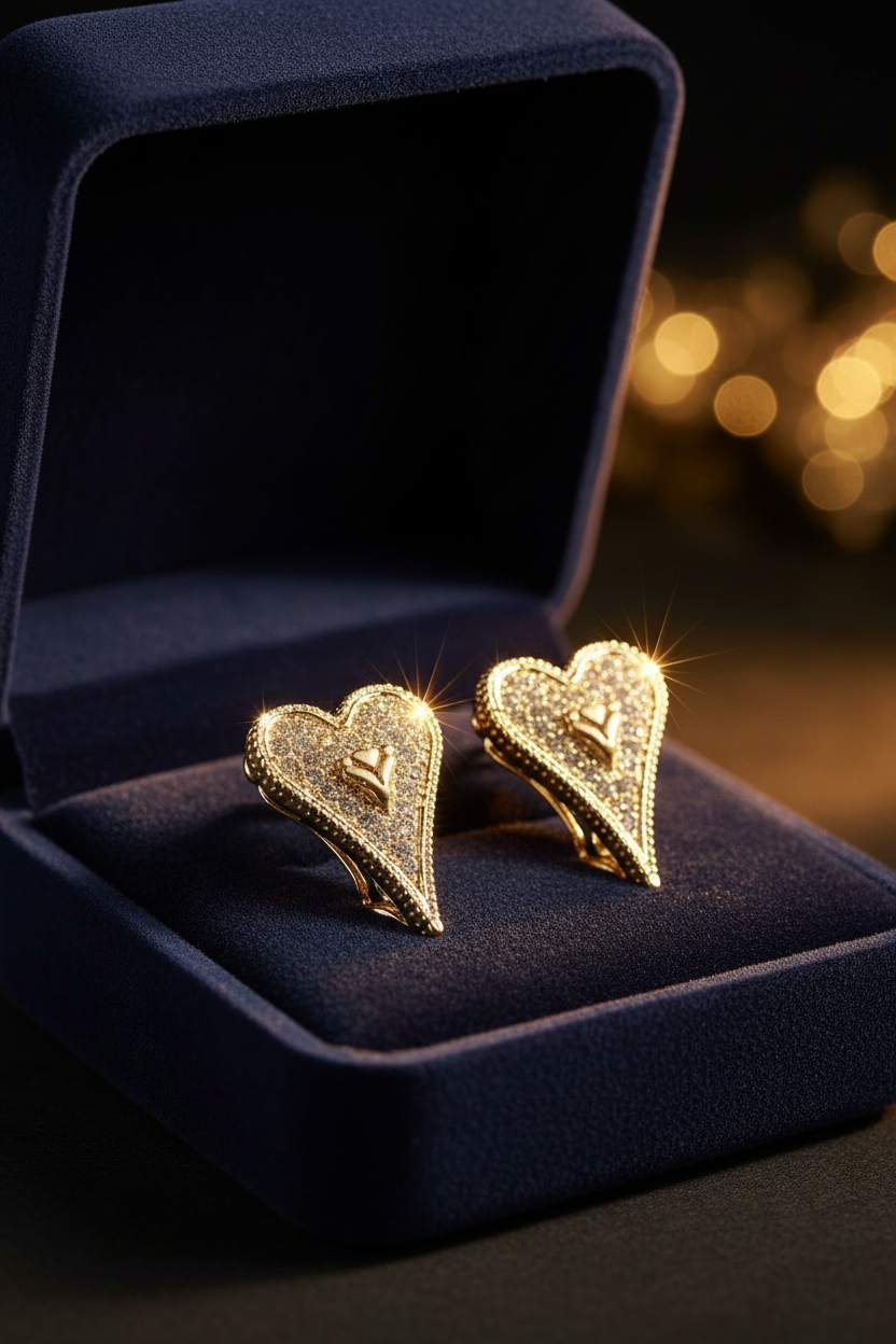14K Gold Plated CZ Stones Double Heart Earrings