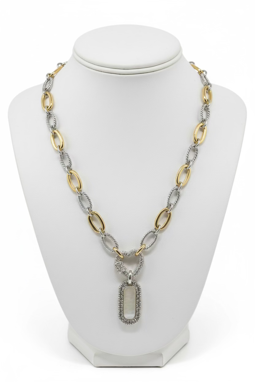 14K Gold Plated Pave’ Paved Stones Heart and Tag Necklace, MOP