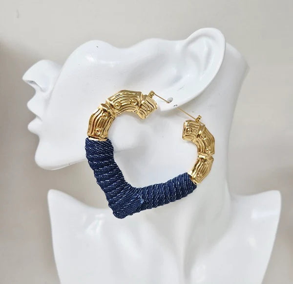 Denim Gold Hoop Heart Earrings