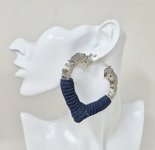 Denim Silver Heart Hoop Earrings