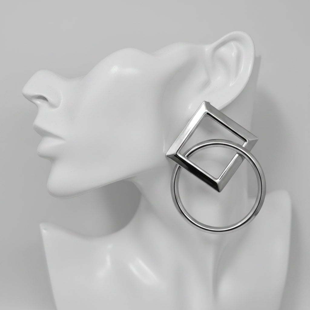Geometric Hoop Earrings, Silver