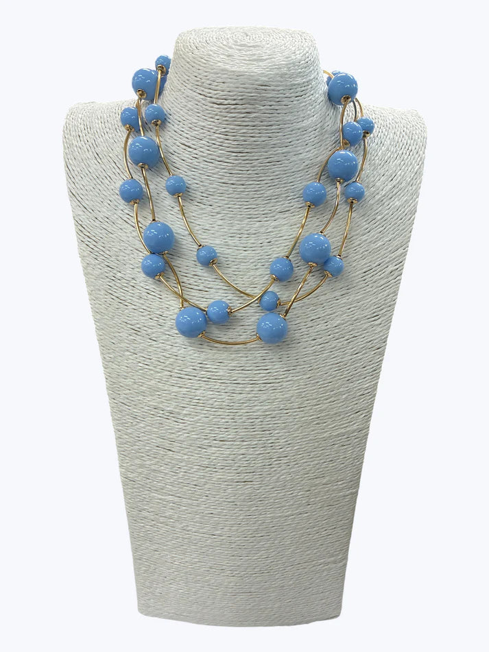 Light Blue Triple Strand Ball Beaded Necklace