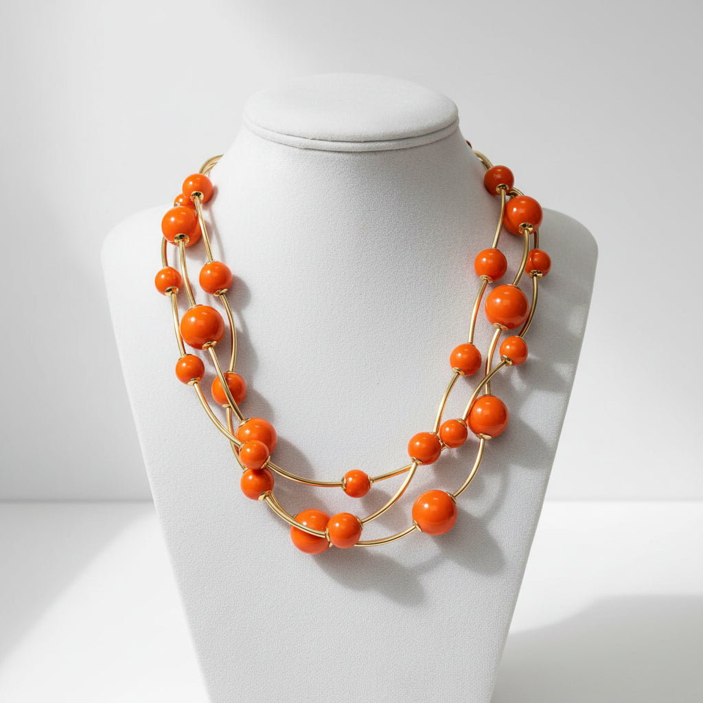 Orange Triple Strand Ball Beaded Necklace