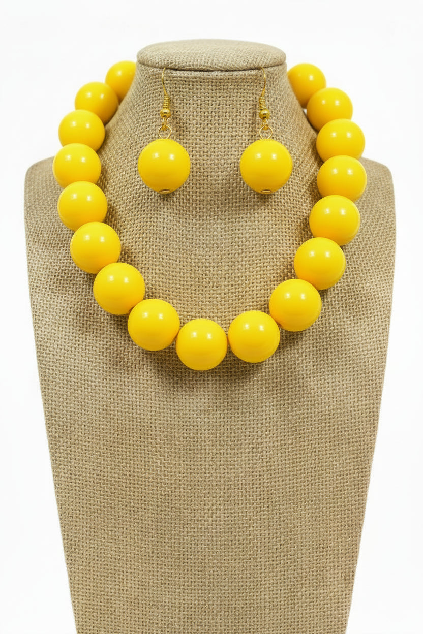 Large Ball Beaded Necklace and Earrings Set, Yellow