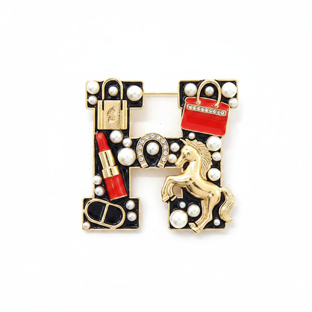 Fashion H Brooch, Black/Gold
