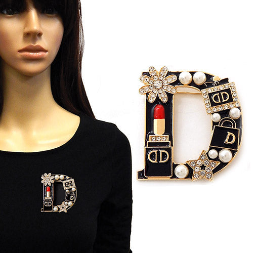 Fashion D-Shaped Brooch, Black/Gold