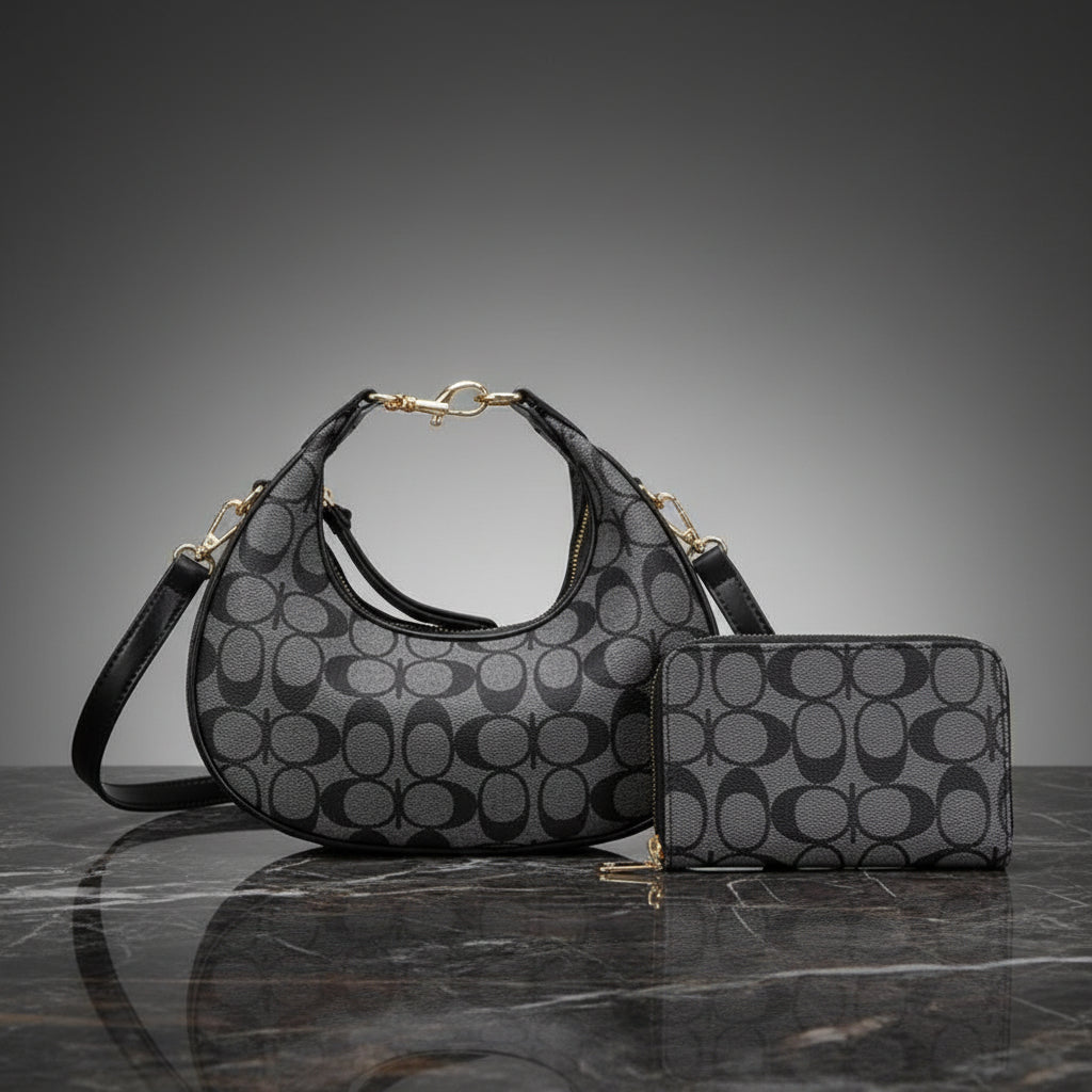Faux Leather Handbag and Wallet Set, Black