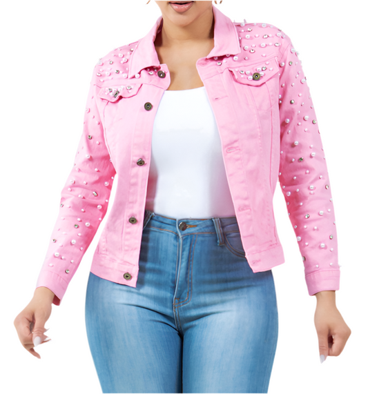 Pink Denim Jacket with Studded Pearl and Bling Crystals 2xl/3xl