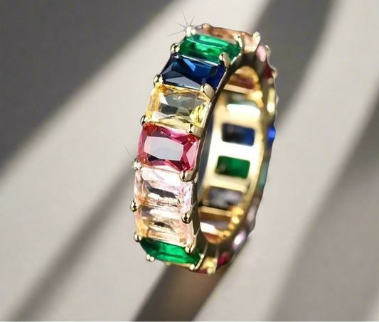 MULTI COLOR CUBIC ZIRCONIA BAND RING, GOLD