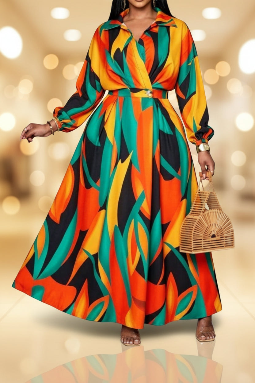Long Sleeve Colorful Wrap Maxi Dress