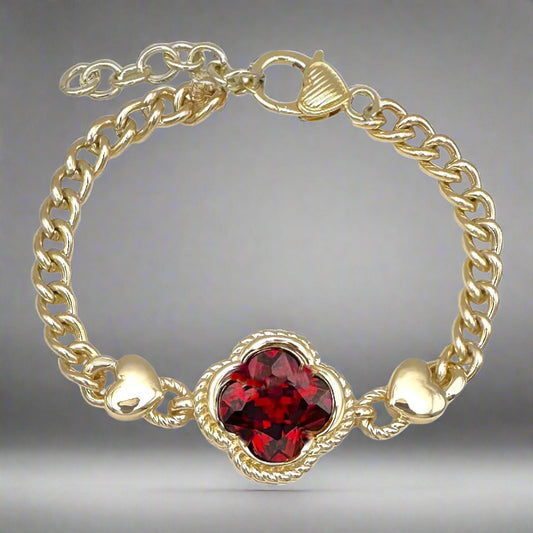 14K GOLD PLATED CLOVER BRACELET RED CUBIC ZIRCONIA
