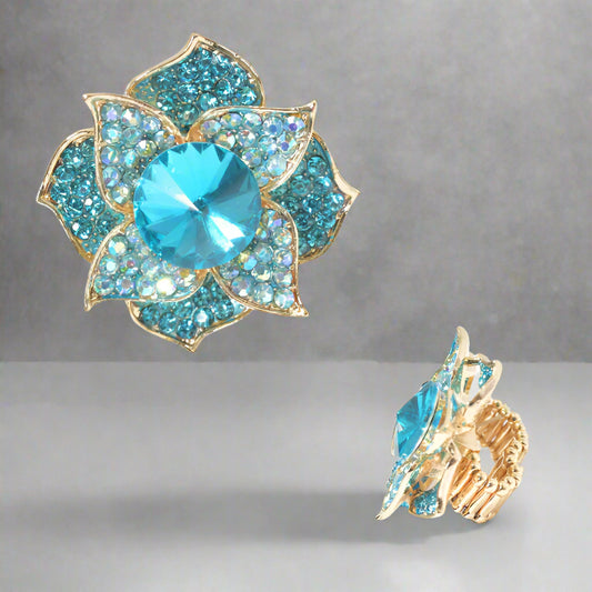 FLOWER RHINESTONE STRETCH RING, RHINESTONE AQUA