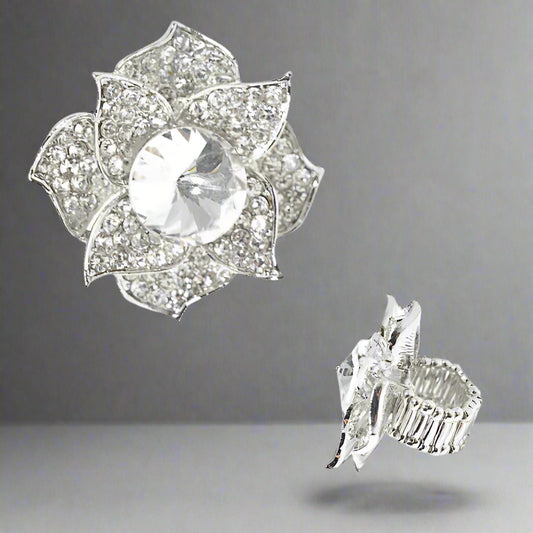 FLOWER STRETCH RING, RHINESTONES CLEAR