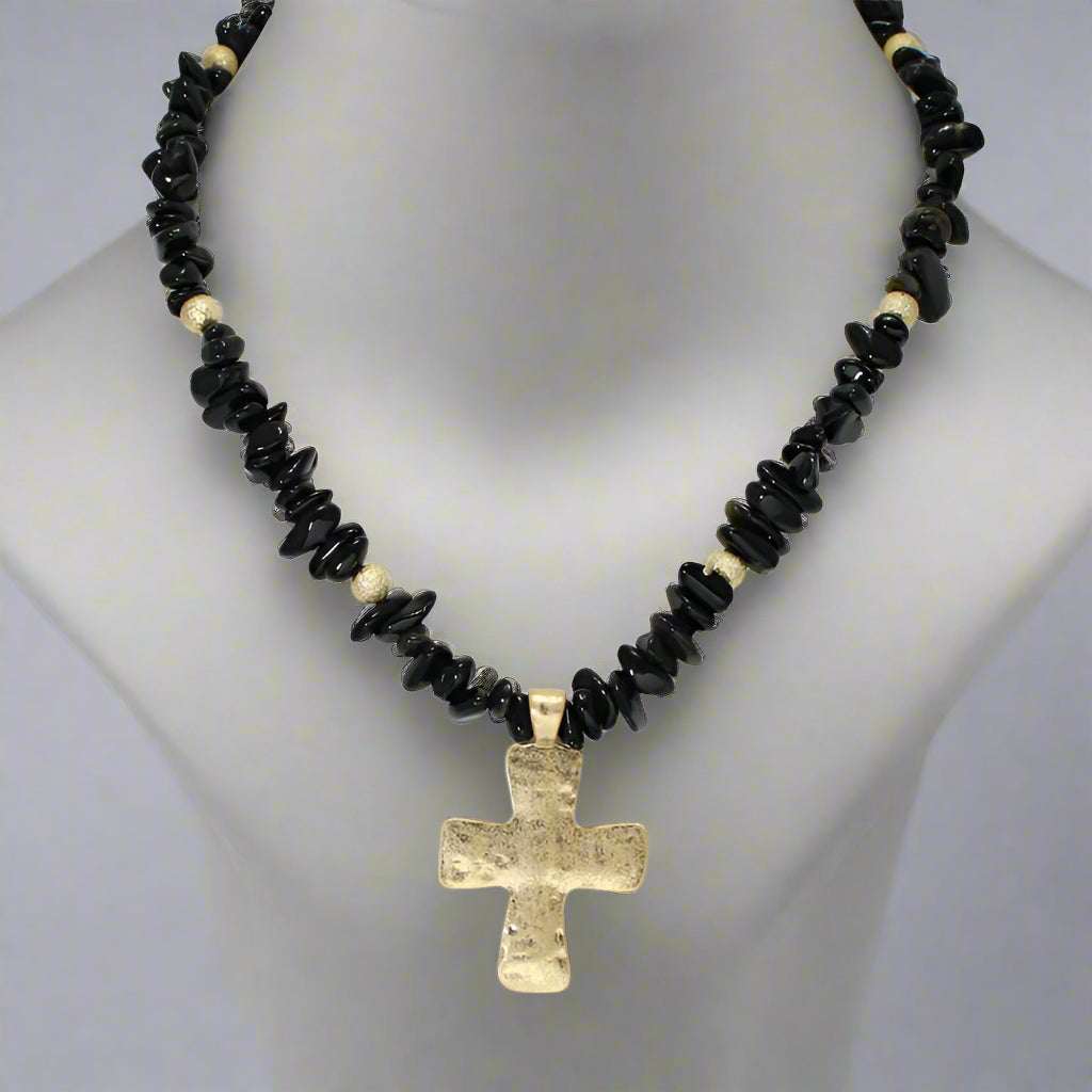 SEMI PRECIOUS STONE BEADED NECKLACE GOLD CROSS PENDANT, WORN GOLD/BLACK