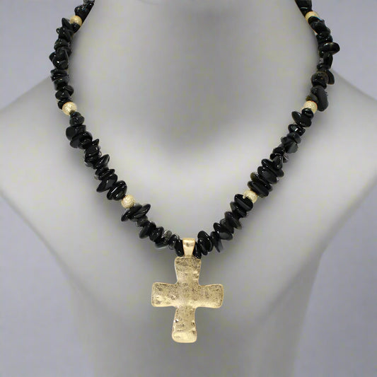 SEMI PRECIOUS STONE BEADED NECKLACE GOLD CROSS PENDANT, WORN GOLD/BLACK