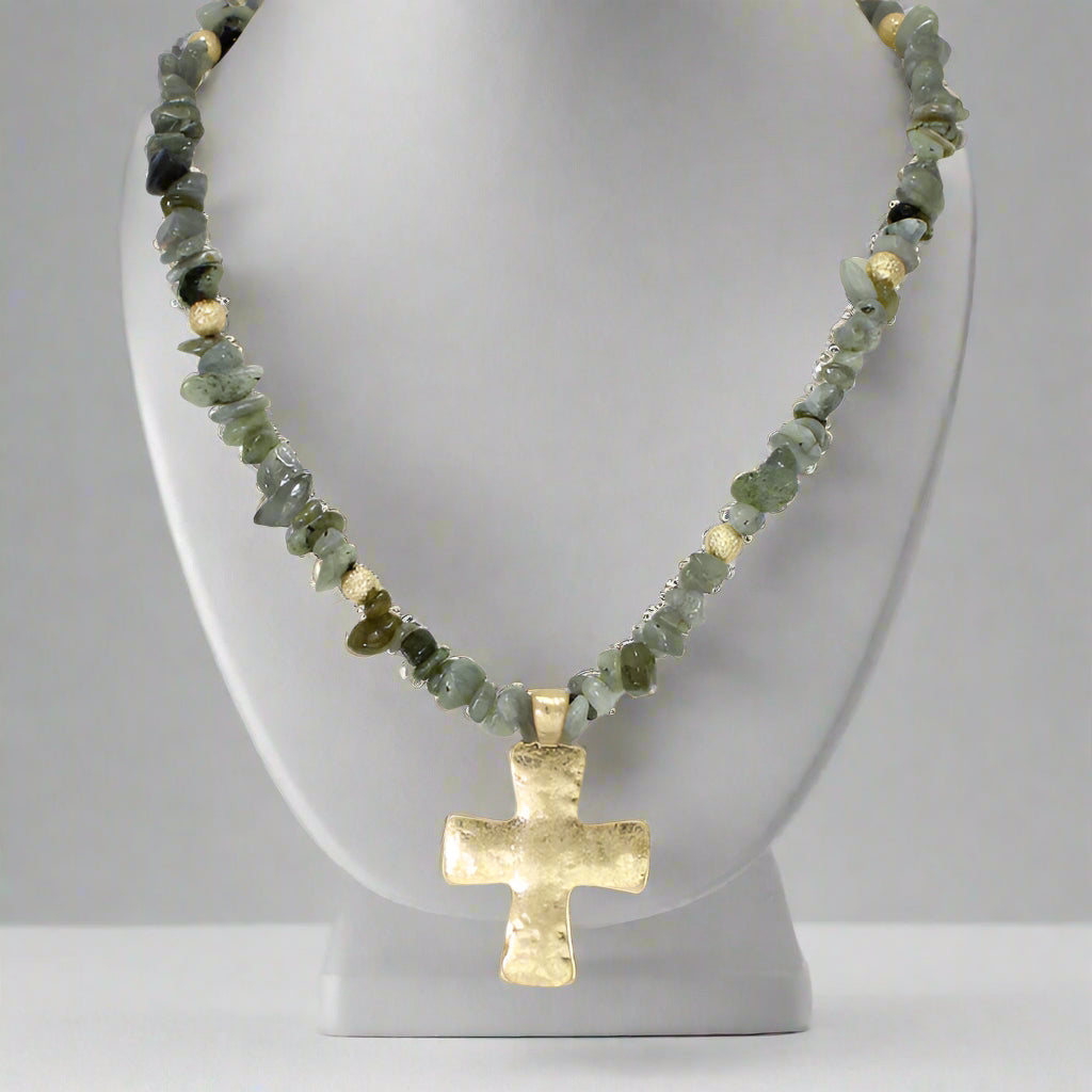 SEMI PRECIOUS STONE BEADED NECKLACE GOLD CROSS PENDANT, WORN GOLD/GREY