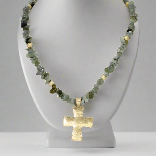 SEMI PRECIOUS STONE BEADED NECKLACE GOLD CROSS PENDANT, WORN GOLD/GREY