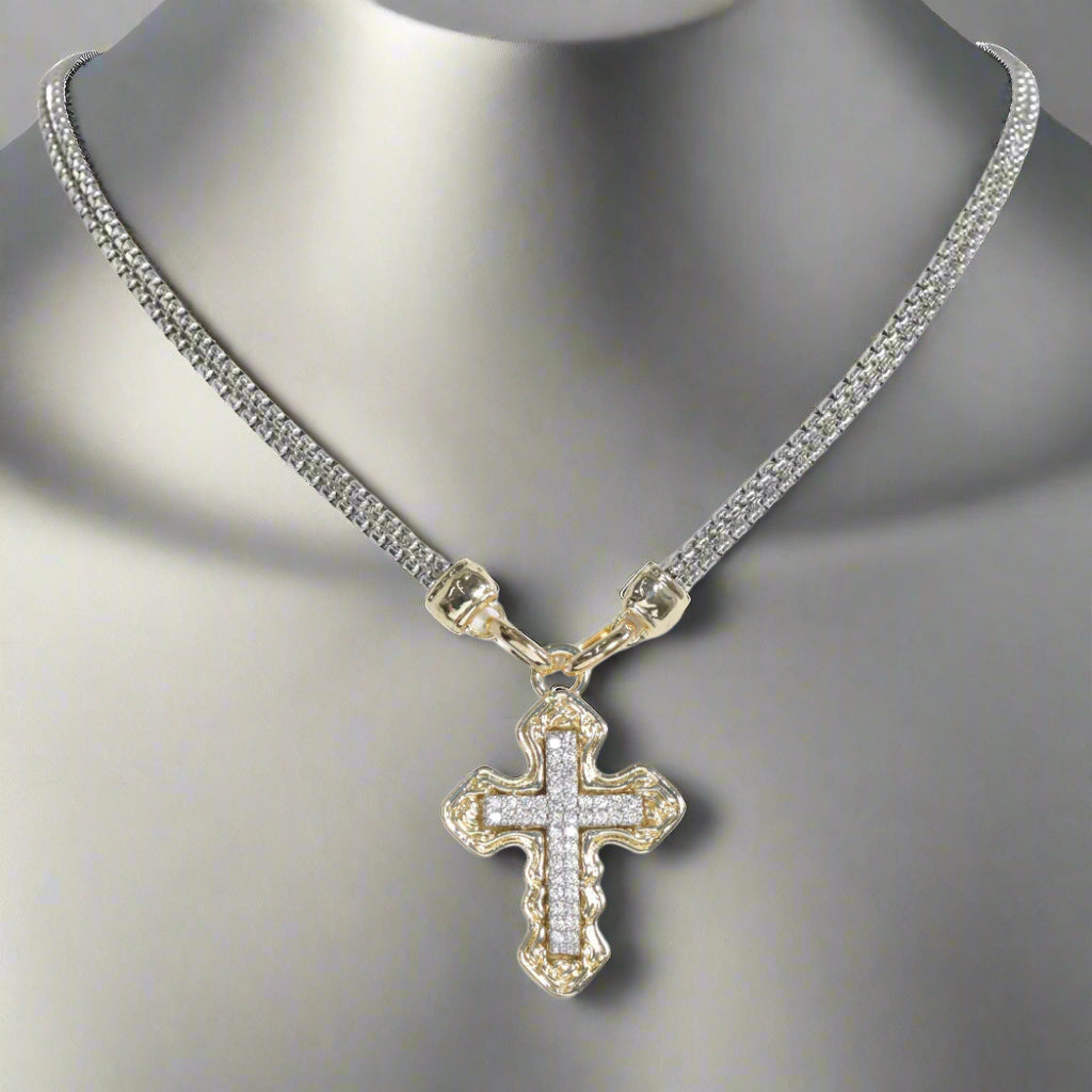 4K GOLD PLATED, CROSS CUBIC ZIRCONIA NECKLACE, TWO TONE