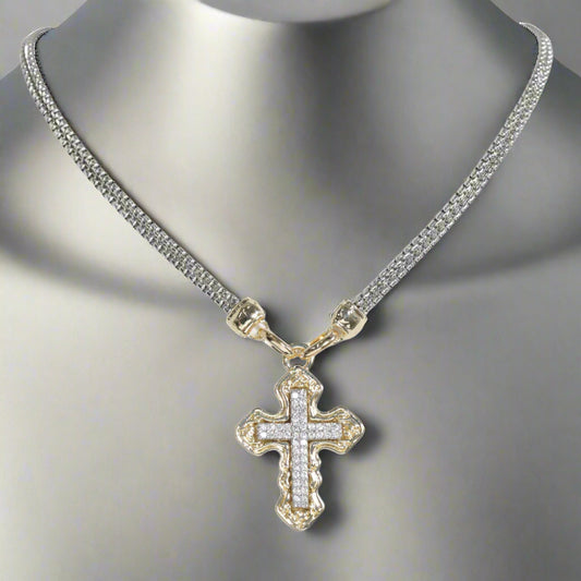 4K GOLD PLATED, CROSS CUBIC ZIRCONIA NECKLACE, TWO TONE