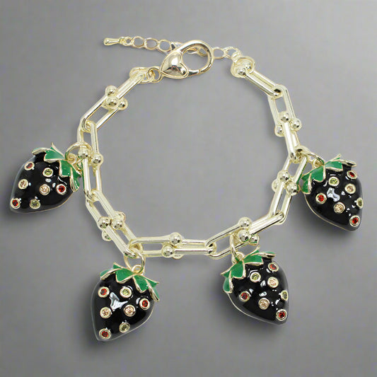 BLACK STRAWBERRY CUBIC ZIRCONIA ACCENT CHARMS BRACELET