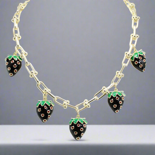 14K GOLD PLATED BLACK STRAWBERRY CHARMS CUBIC ZIRCONIA NECKLACE