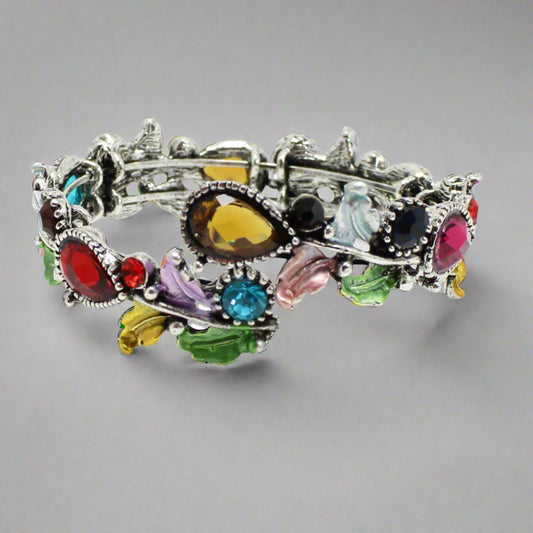FLORAL STRETCH OPEN BANGLE BRACELET, SILVER