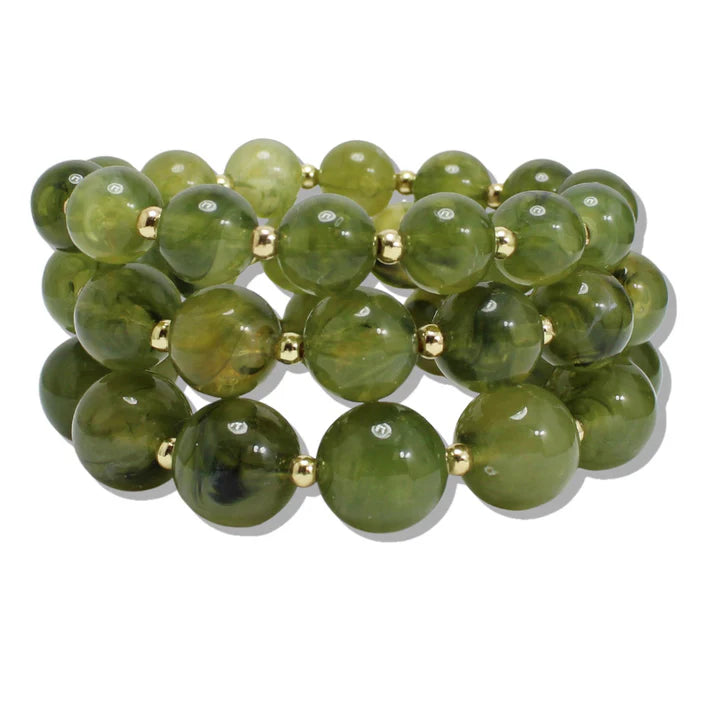 3-Piece Ball Beaded Stretch Bracelet, Olive Green