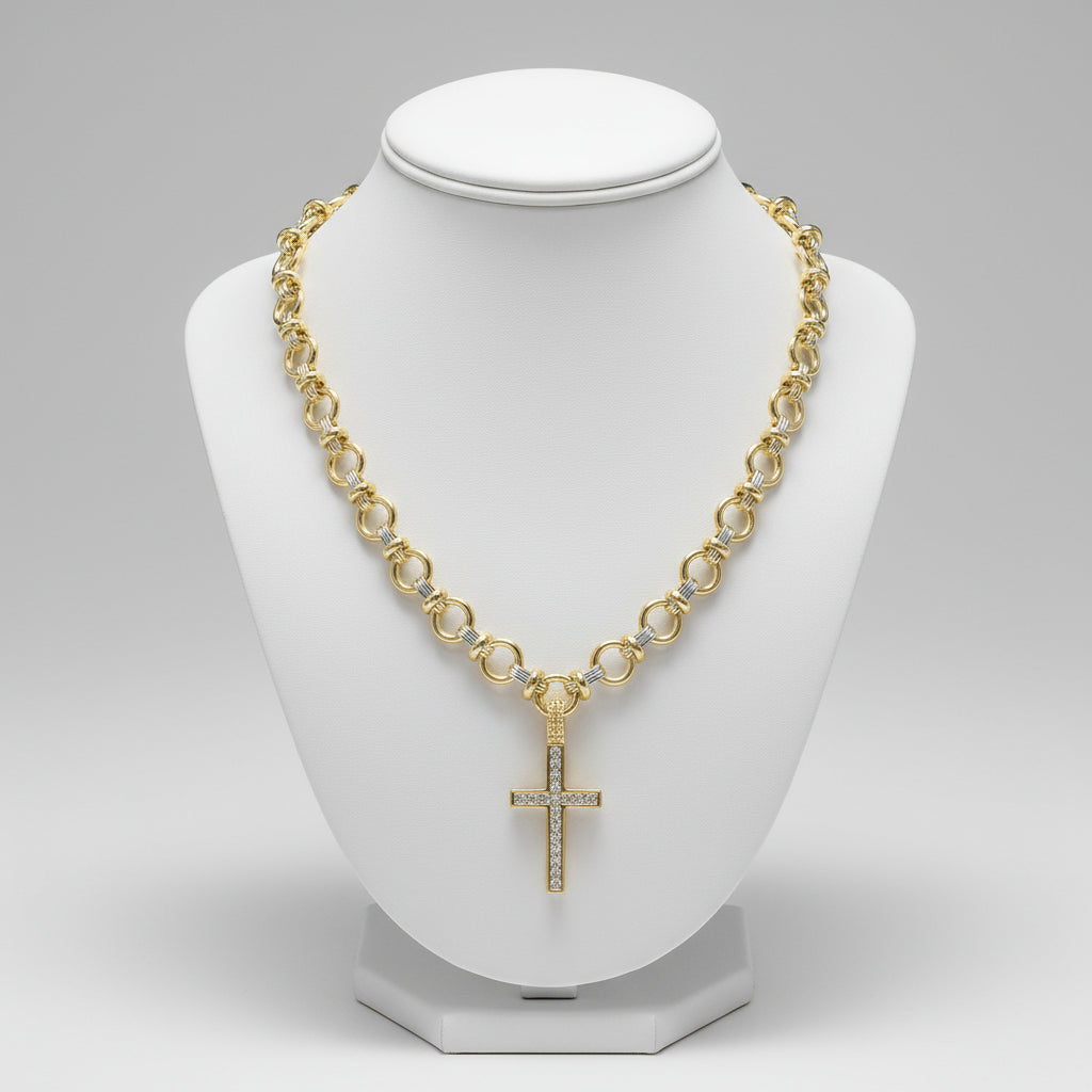 14K GOLD PLATED CUBIC ZIRCONIA CROSS PENDANT NECKLACE