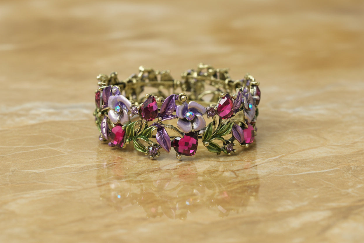 Enamel Floral Bracelet, Gold/Purple