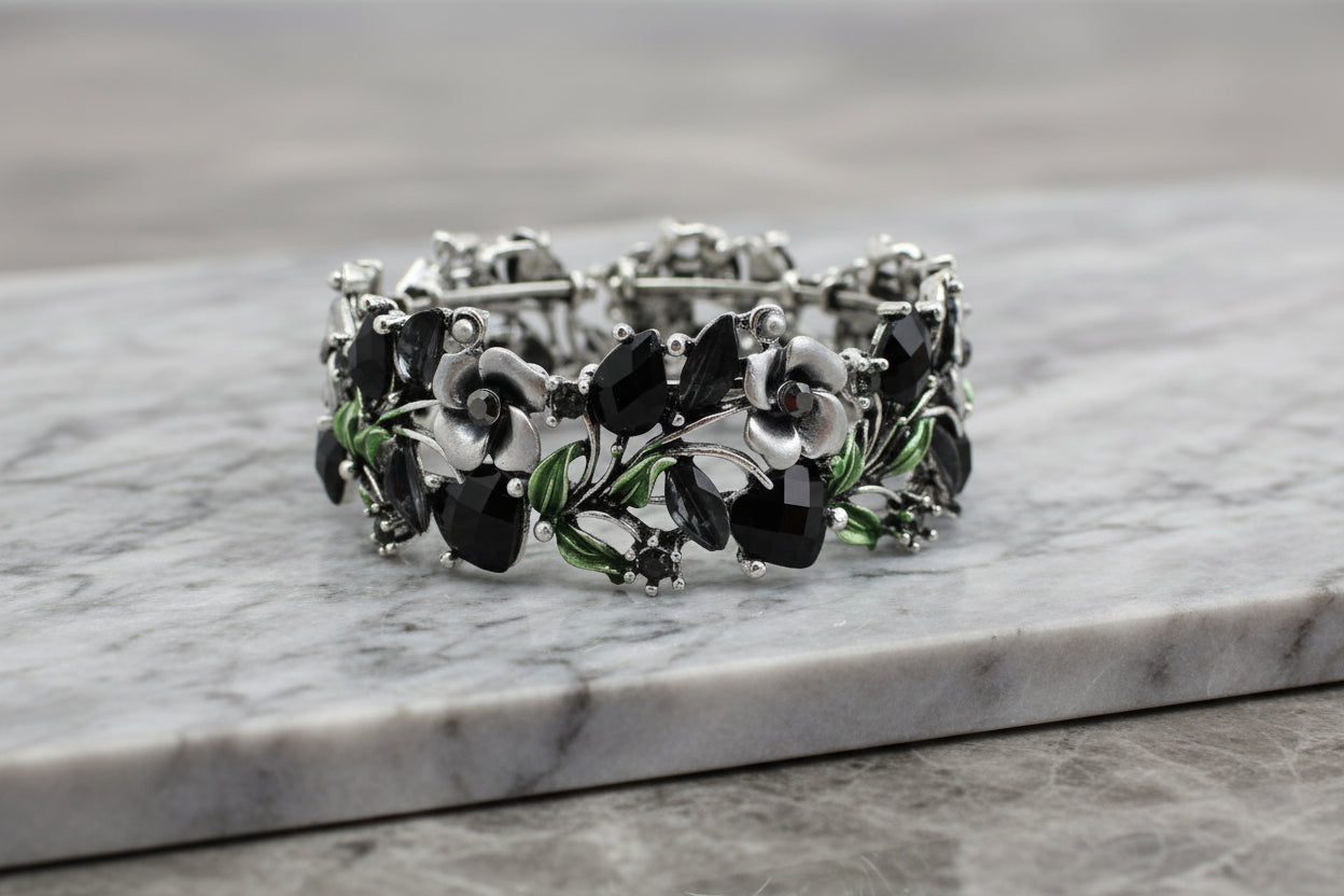 Enamel Floral Bracelet, Silver/Black