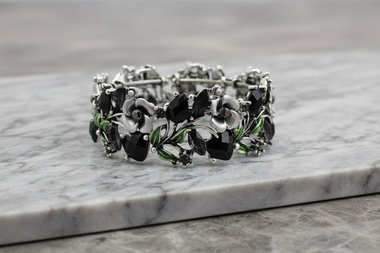 Enamel Floral Bracelet, Silver/Black